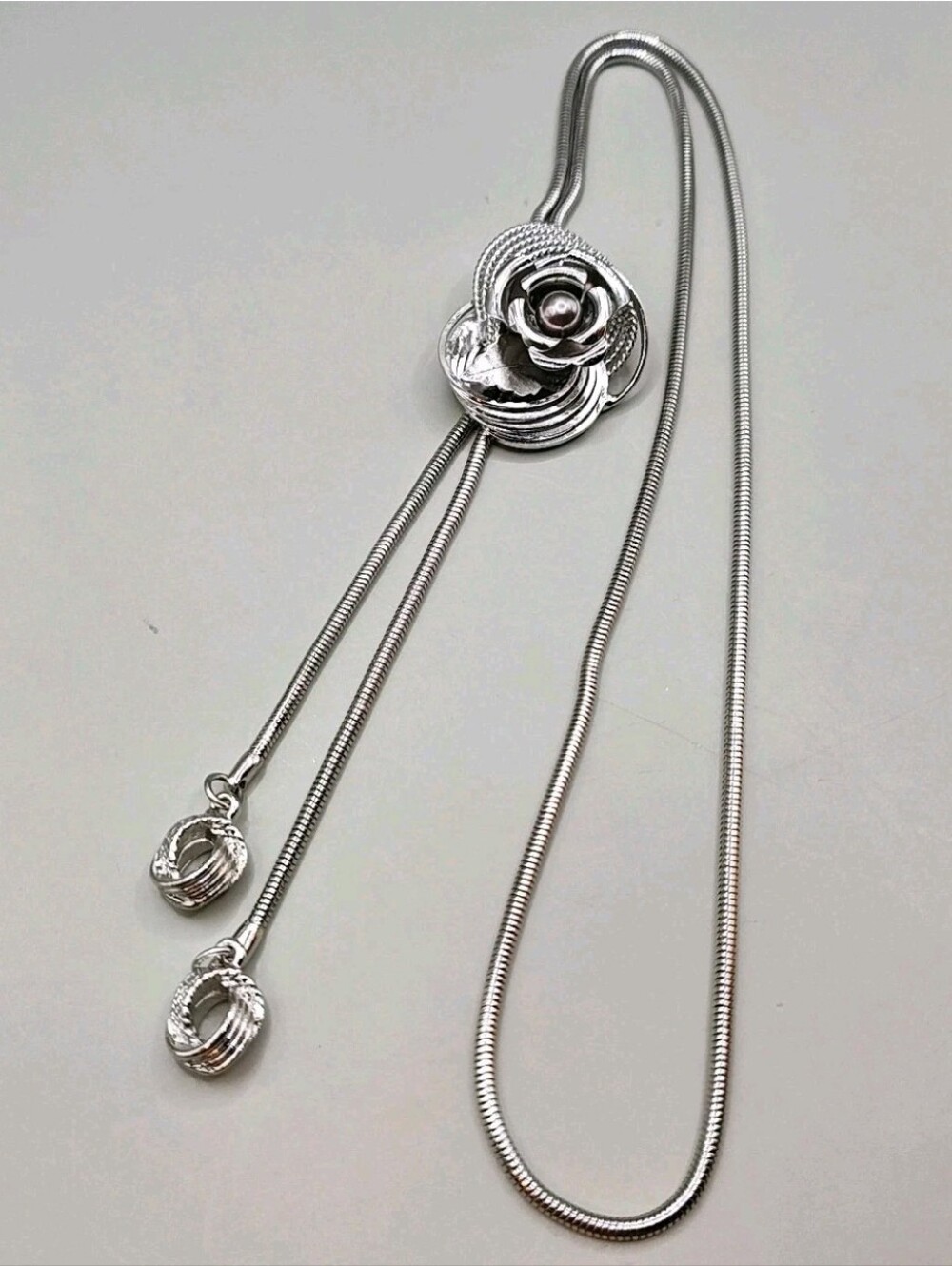 Western Rose Bolo Tie Necklace 3D Dome Flower Slider Silver Tone Snake Chain 16"